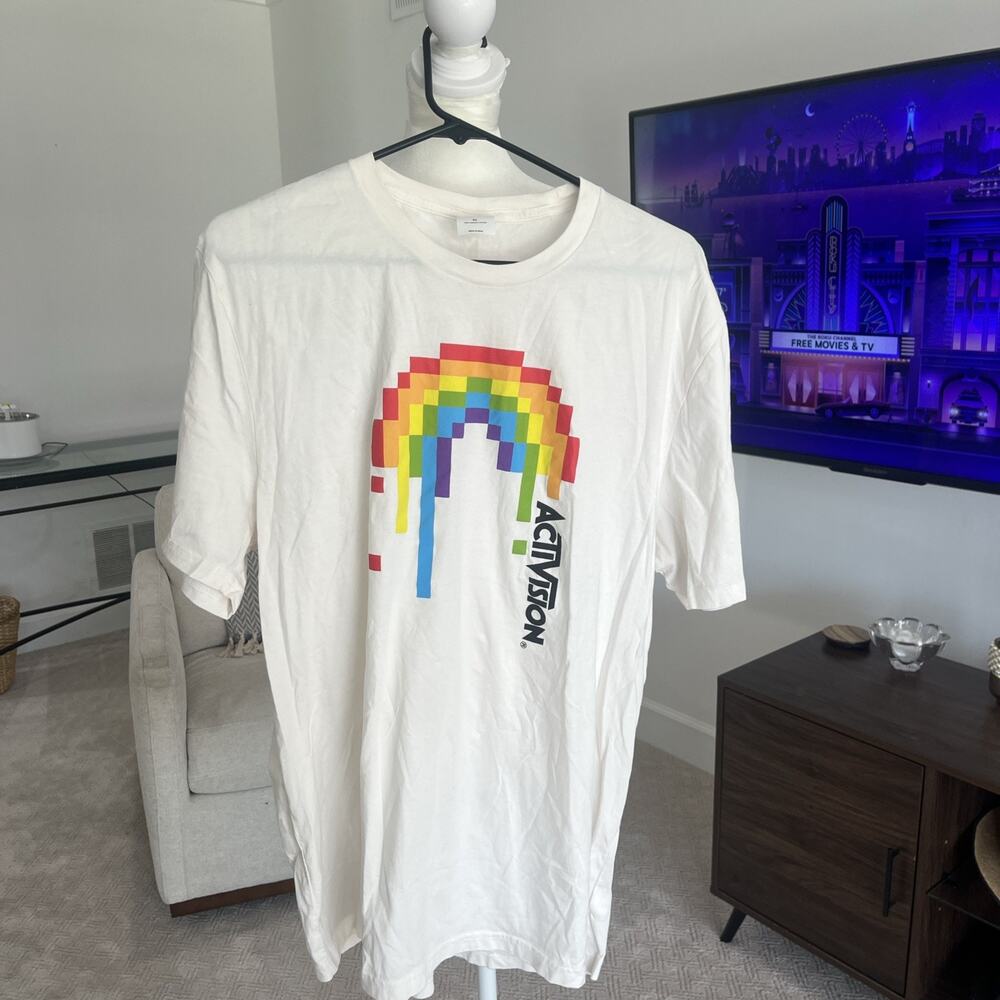 Activision Men T Shirt XL Organic Cotton White Rainbow Logo Gamer Techie Future